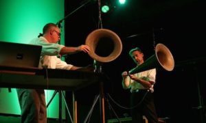 Jay Needham and Eric Leonardson performing 'Chronography: animal,' world premiere at the 46th Internationale Ferienkurse für Neue Musik, Darmstadt, Germany. (Photo ©2012 Katharina Szmidt)