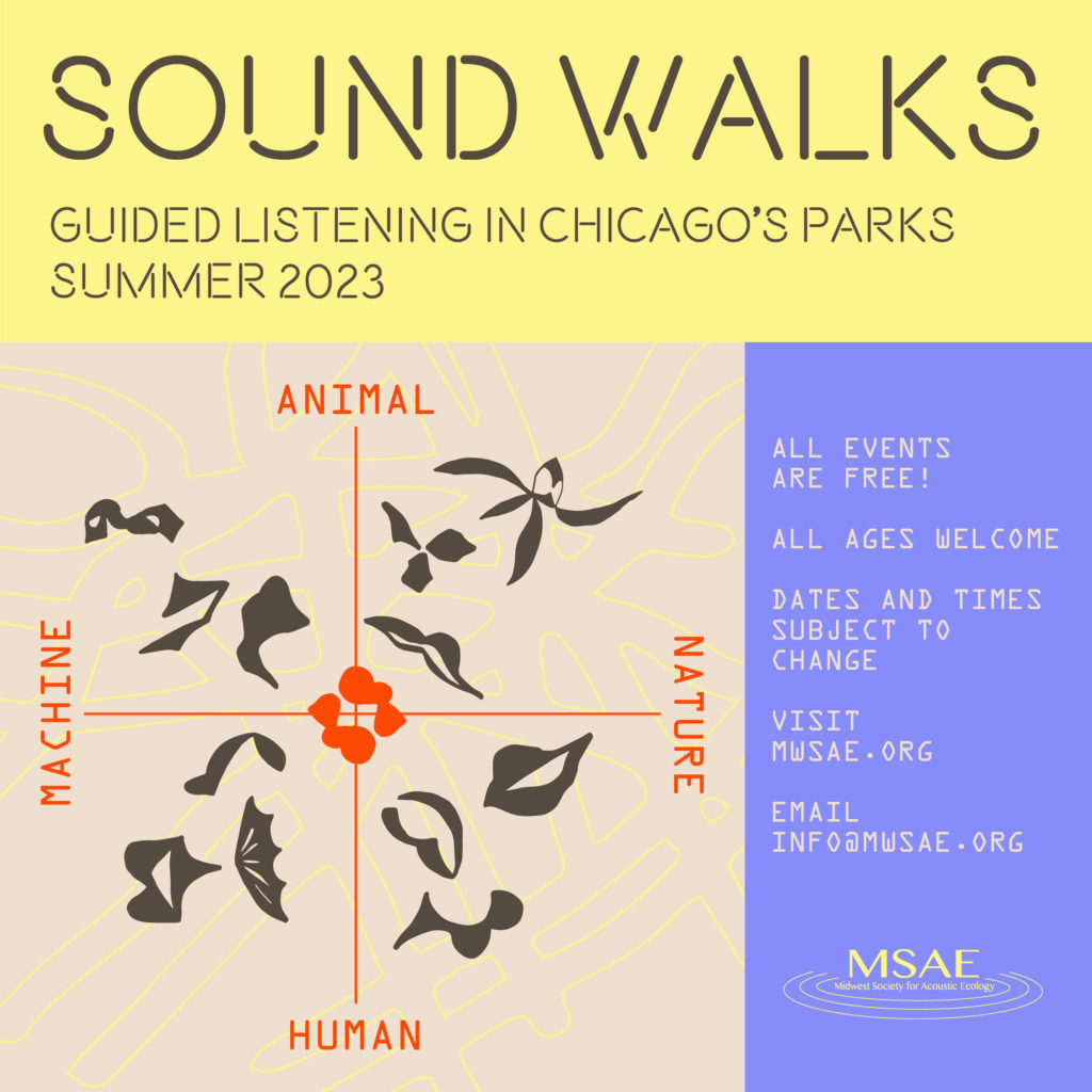 2023 summer soundwalks in the parks title, URL of the Midwest Society for Acoustic Ecology, and general information email address. 